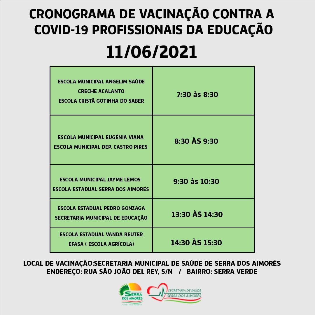 Cronograma de vacinação contra a Covid-19 profissionais da Educação 11/06/2021